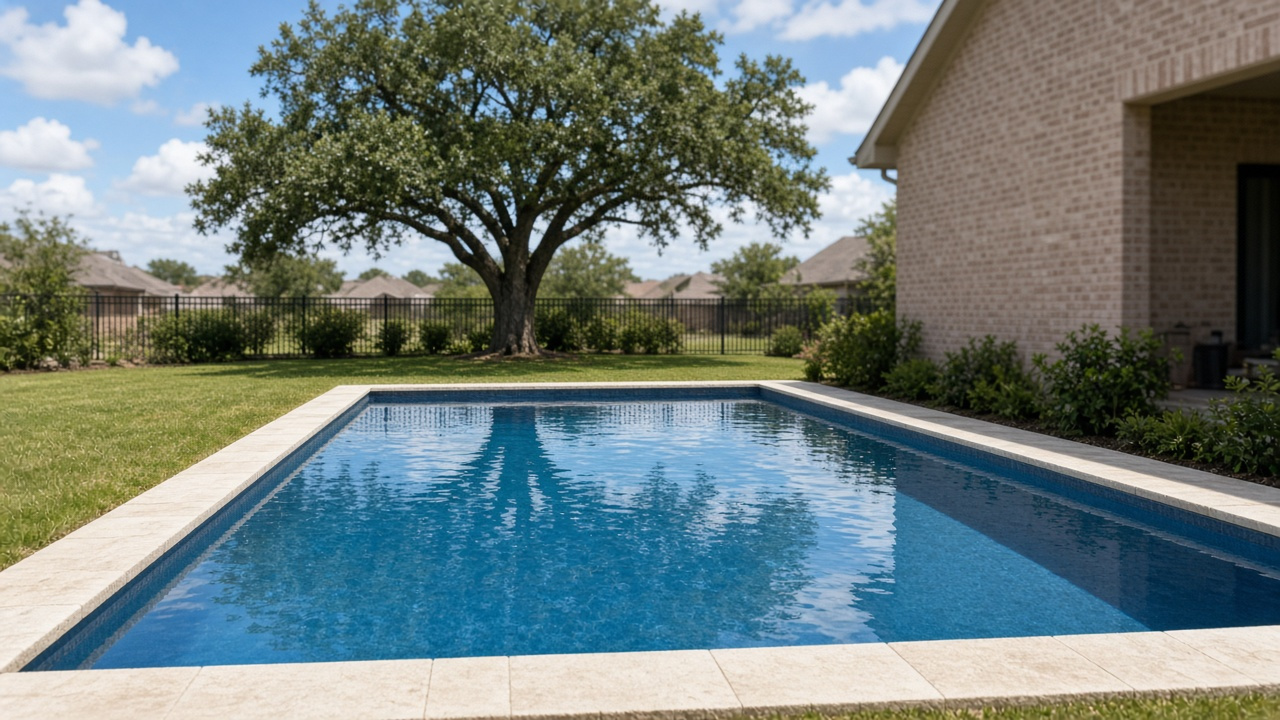 Midday North Texas backyard pool with still azure water